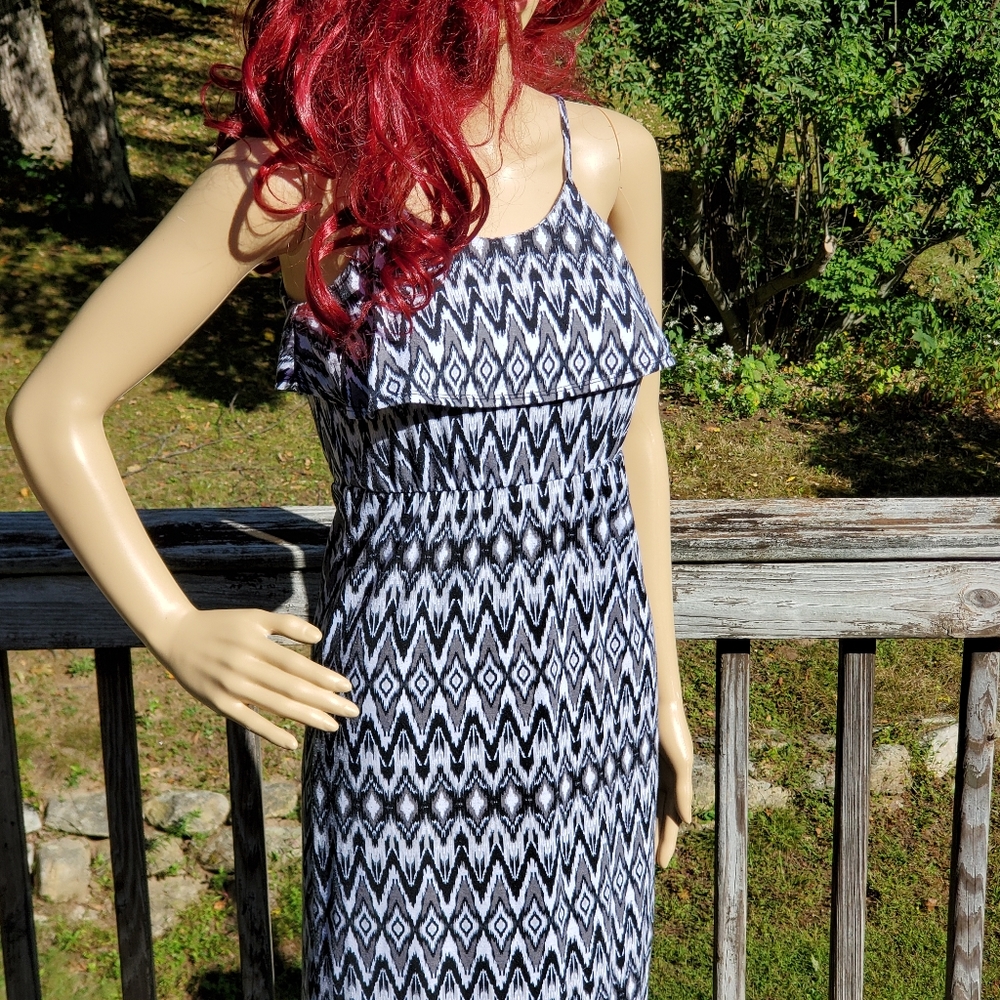 Miss Understood Black White Grey Print Midi Spaghetti Strap Dress Size M